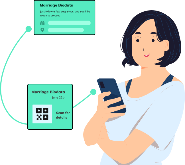 Illustration of a person with a long, complex URL and a QR code Hero illustration